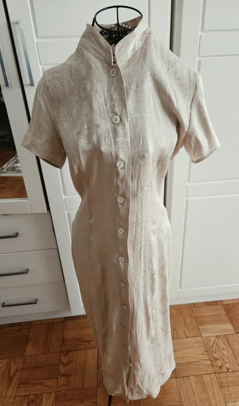 Guess Long Cream Oriental Style Chinese Collar Short Sleeve Dress Sz 7 Women